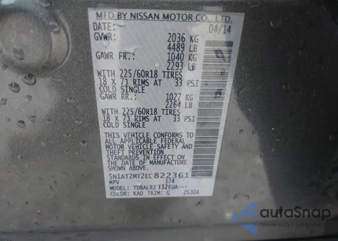 2014 Nissan Rogue Sl z USA, uszkodzony, nr VIN 5N1AT2MT2EC822361